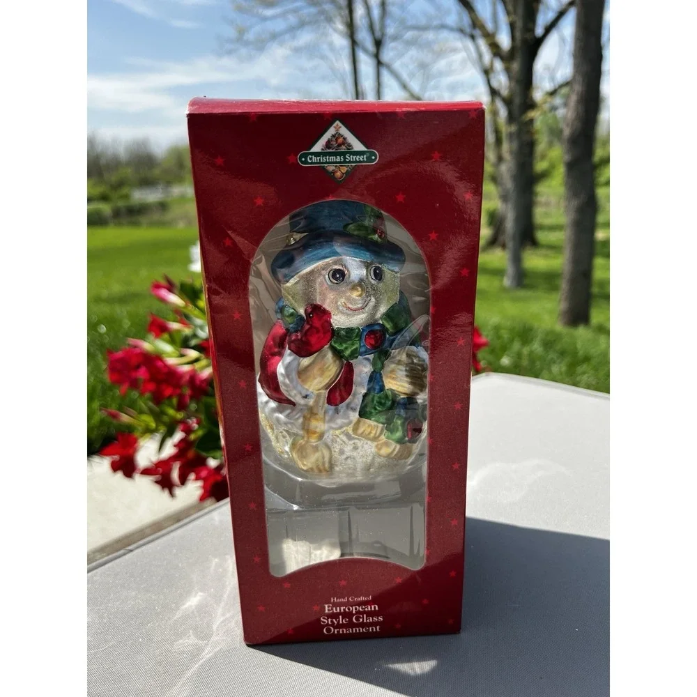 Christmas Street Snowman Glass Ornament Hand Painted European‎ Style Boxed Vtg